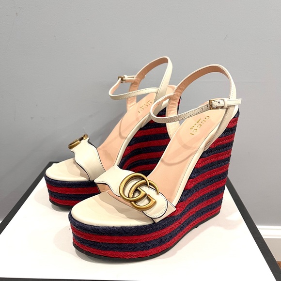 Gucci Marmont Double G Leather Espadrille Platform Sandals - Picture 3 of 4